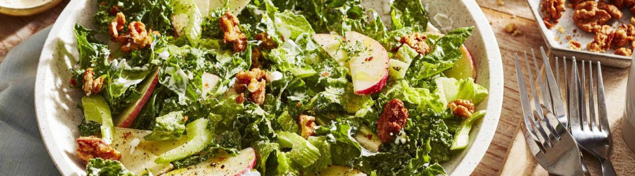 creamy kale romaine apple salad spiced nuts