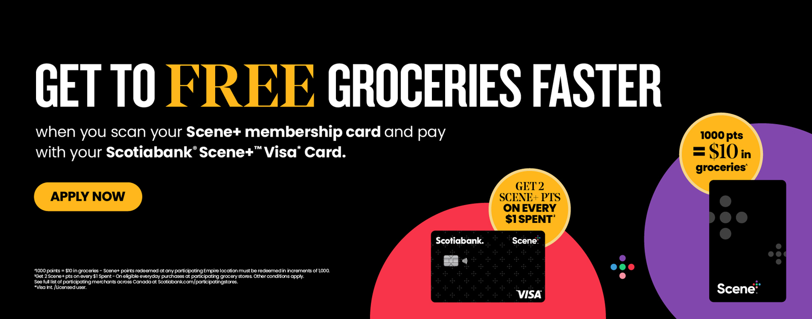 Advertisement for a Scotiabank Scene+ Visa Card. The text highlights the benefit of earning free groceries by earning Scene+ points with every dollar spent. Includes images of Scene+ membership and Visa cards, along with a "Get 2 Scene+ points on every $1 spent" offer.